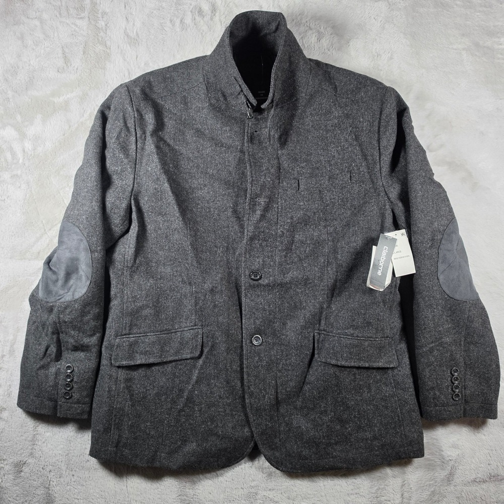 Claiborne Blazer Jacket Women XL Charcoal Herringbone Zip‎ Button Elbow Patches